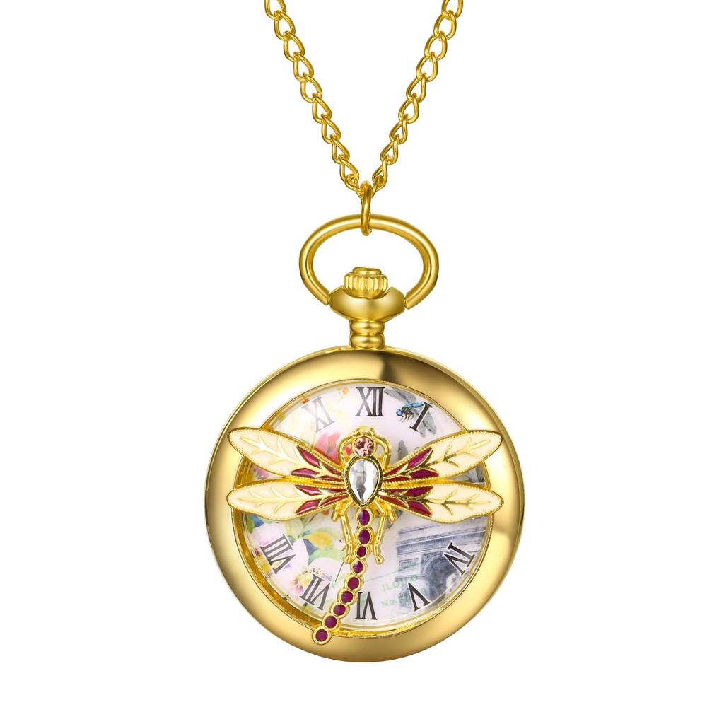Pocket Watch Dragonfly Antique Analog with Pocket Watch Pendant Watch Waterproof Necklace Chain Gold Birthday Anniversary Christmas Valentine White