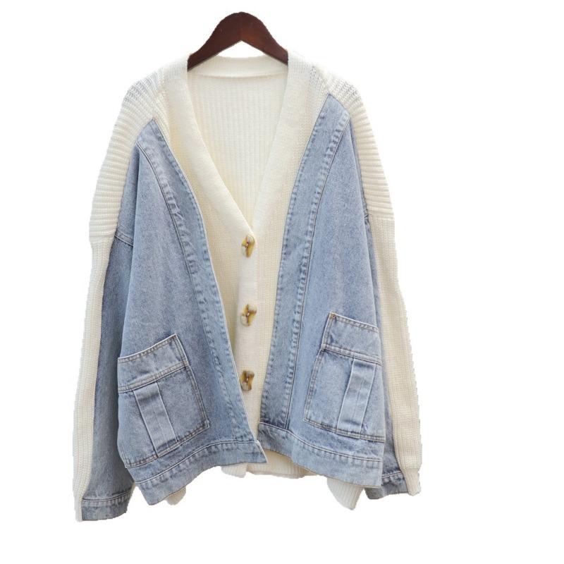 Fake Two-piece Splicing Denim Knitted Cardigan Autumn and Winter New Loose Design Sweater Jacket Women