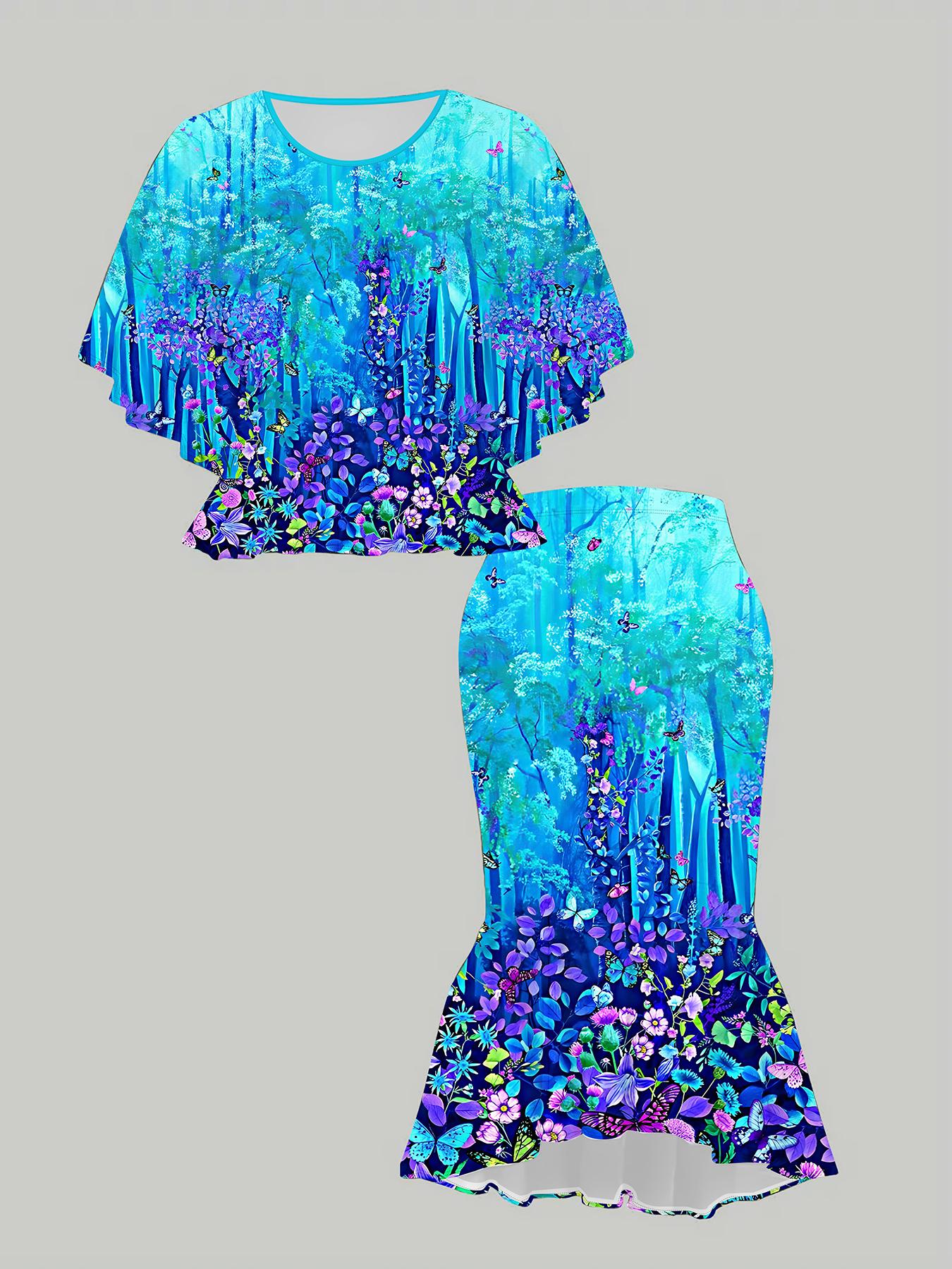 

3D бабочка Принт Классический Тотем Женский Принт, Модный Большого размера, Элегантный, Универсальный для всех сезонов. Футболка, Юбка и Комплект 1XL синий