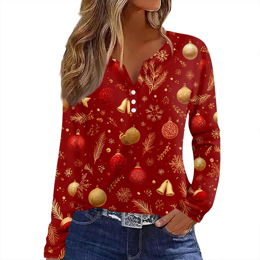 Camiseta de Mujer Estampado Navideño Botón Manga Larga Diario Fin de Semana Moda Básica Cuello en V Regular Top