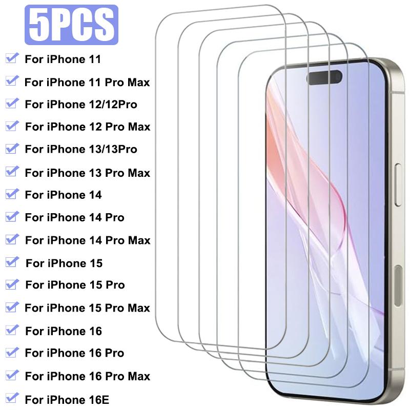 

5 pçs capa completa de vidro temperado para iphone 14 15 16 17 pro max plus 16e protetor de tela para iphone 11 12 13 pro max 13mini vidro iPhone 17 pro max