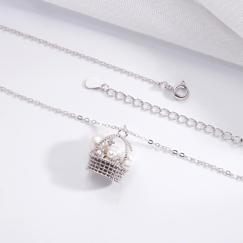 S925 Sterling Silver Woven Pearl Basket Necklace - Women's French Retro Luxury Clavicle Chain