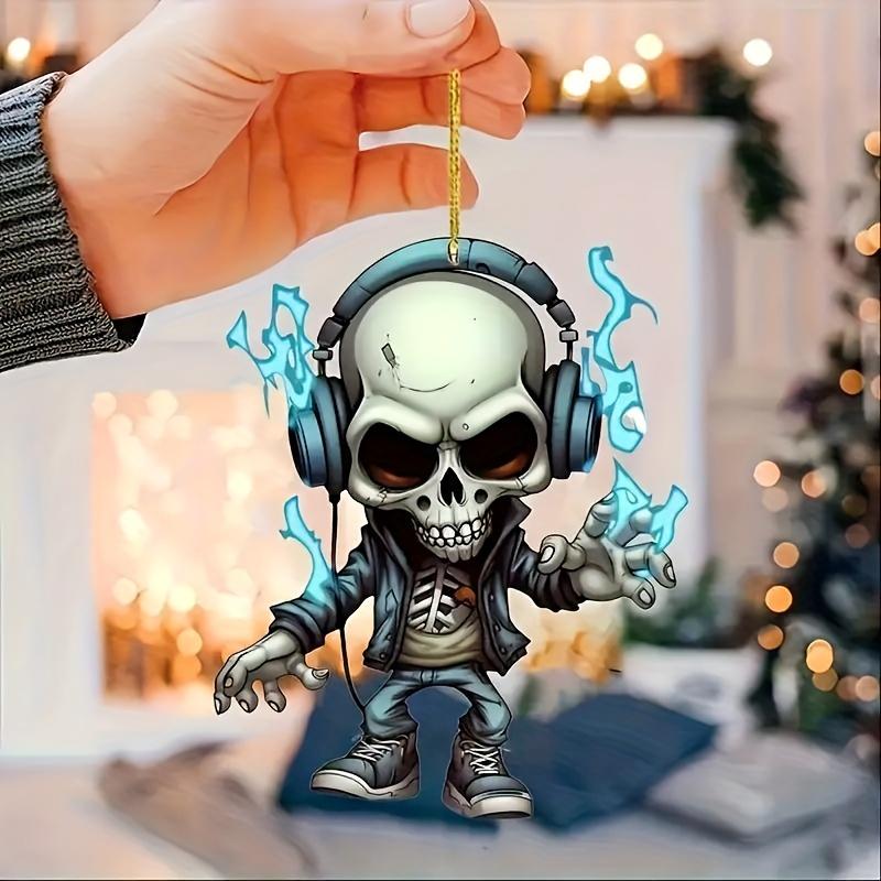 Einzigartiges Totenkopf-Autoornament aus Acryl – flaches 2D-Cartoon-Design, perfekt als Innendekoration fürs Auto, 3,15 x 2,165 Zoll