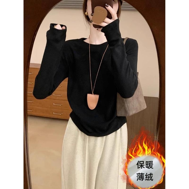 Crew Neck Basic Top Women's Spring Thickened Abraded Inner Warm Long-sleeved Bottoming Shirt White T-shirt