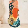 Women Plus Size V Neck Three Quarter Sleeve Palm Print Gradient Long Dress