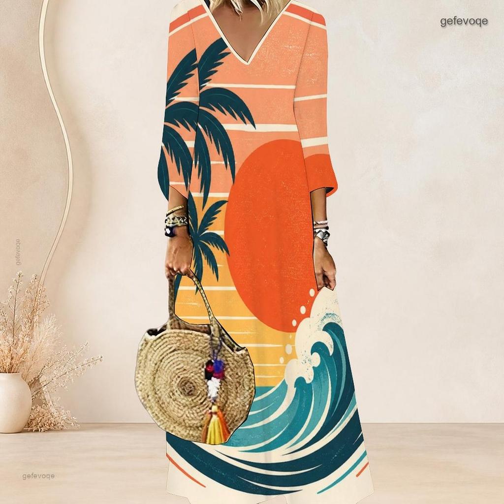 Women Plus Size V Neck Three Quarter Sleeve Palm Print Gradient Long Dress