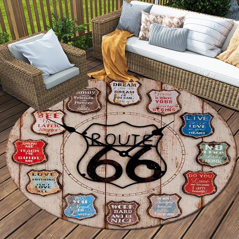 Clock Route 66 Round Area Rug,Carpet Rug for Living Room Bedroom Sofa Playroom Decor,Non-slip Floor Mat