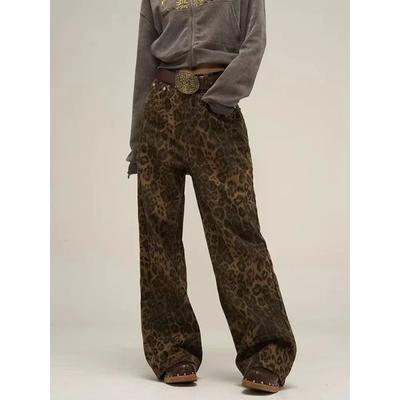 Pantalones vaqueros Tan Leopard para mujer, pantalones vaqueros de gran tamaño para mujer, pantalones de pierna ancha, ropa de calle, ropa Vintage de Hip Hop, ropa informal holgada