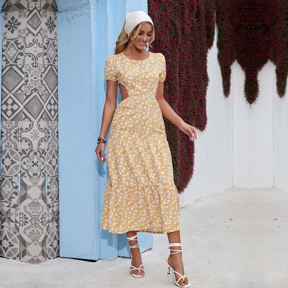 

Женское летнее сексуальное шифоновое платье с открытой спиной и цветочным принтом, большое пляжное платье S-XL XL жёлтый