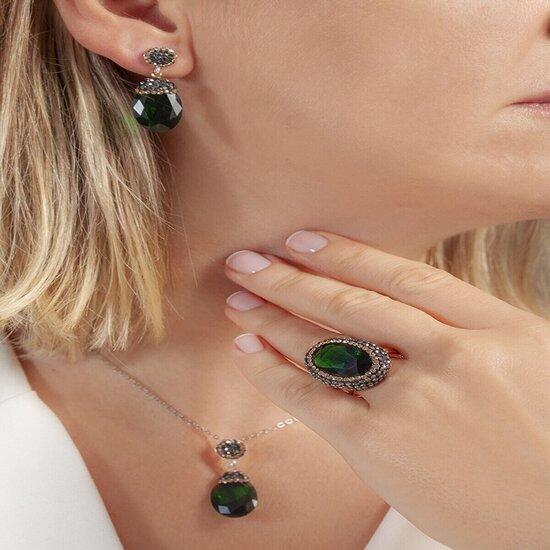 

Женское колье, украшенное маргазитом, кольцо, серьги, набор, серебряный комплект