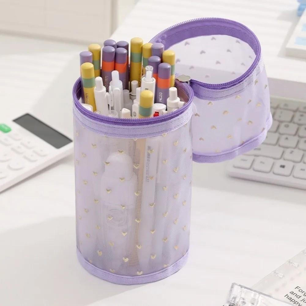Mesh Mesh Pencil Case Love Heart Mesh Makeup Pouch Pencil Case Mesh Storage Bag  Girls Boys
