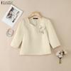 ZANZEA Women Casual Round Neck 3/4 Sleeve Loose Satin Blouse