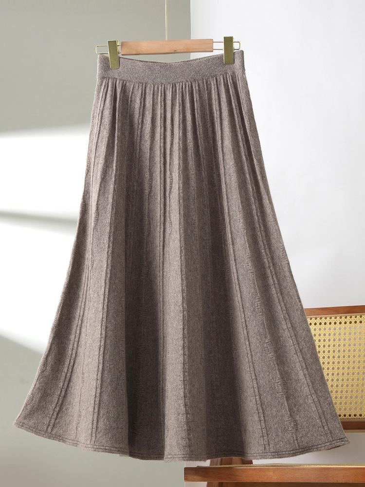 100% Pure Wool Women's Spring-Autumn Mid-Length High-Waisted Pleated A-Line Cashmere Knitted Umbrella Skirt