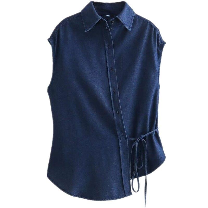 

Fashion Style 2024 Spring New Arrival Women s Slim Fit Stomach Blanket Style Cover Shoulder Sleeve Denim Shirt 1222516 Blue L