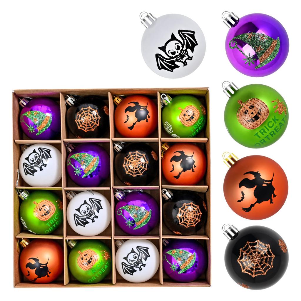 Halloween 6Cm 16Pcs Glow-In-The-Dark Painted Electroplated Spooky Balls Dark Skeleton Pumpkin Decoration Set Tree Hanging Party