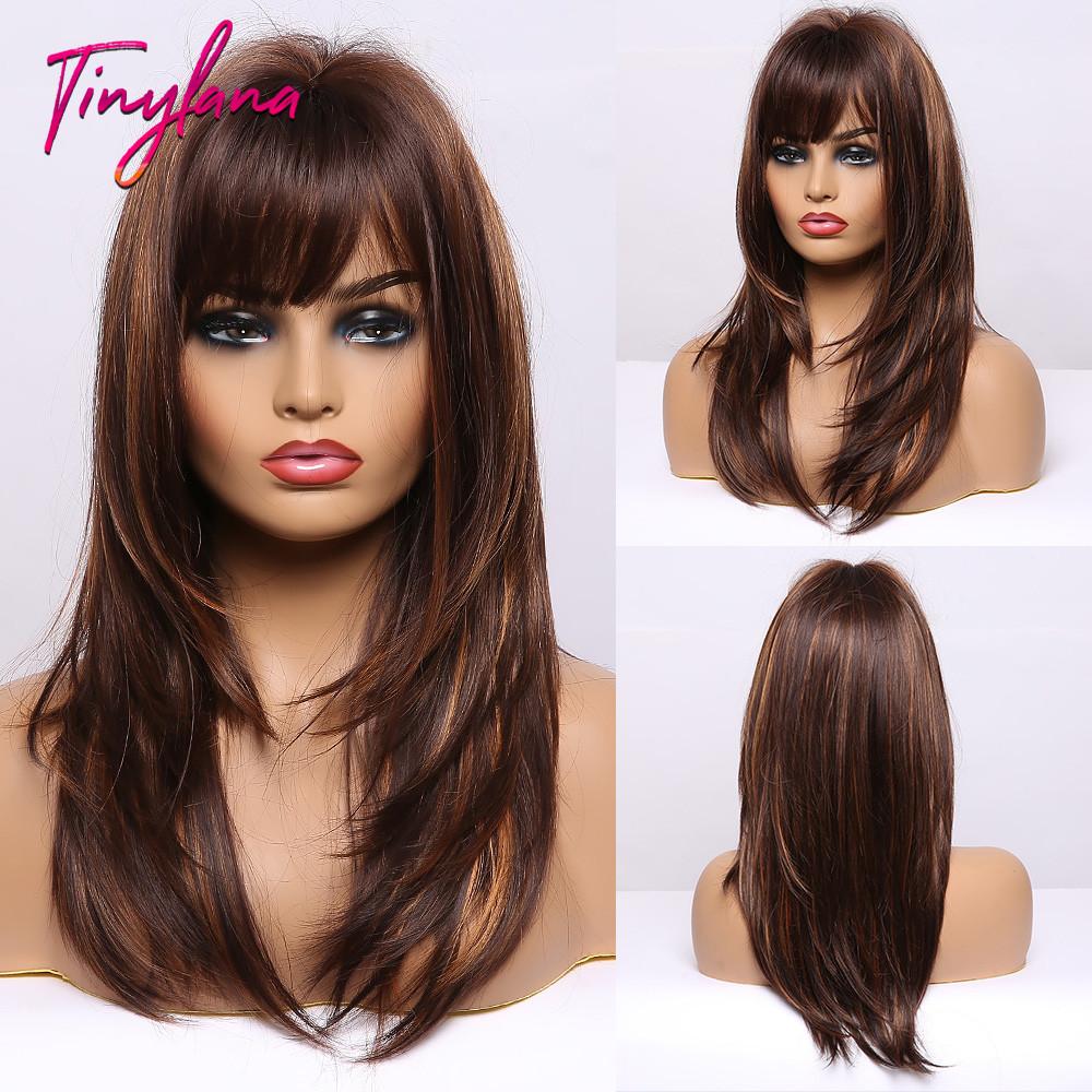 

Синтетические парики TINY LANA от черного до светлого омбера с челкой, волнистые парики для женщин, многослойные волосы средней длины, термостойкие для косплея LC327-1