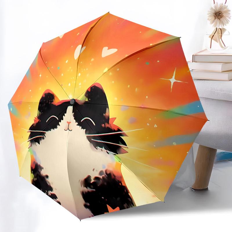 1pc Cat Sunset Automatic Open 8-Rib Windproof Umbrella, Travel & Commuting, Suitable for All Seasons, Lightweight Portable,039