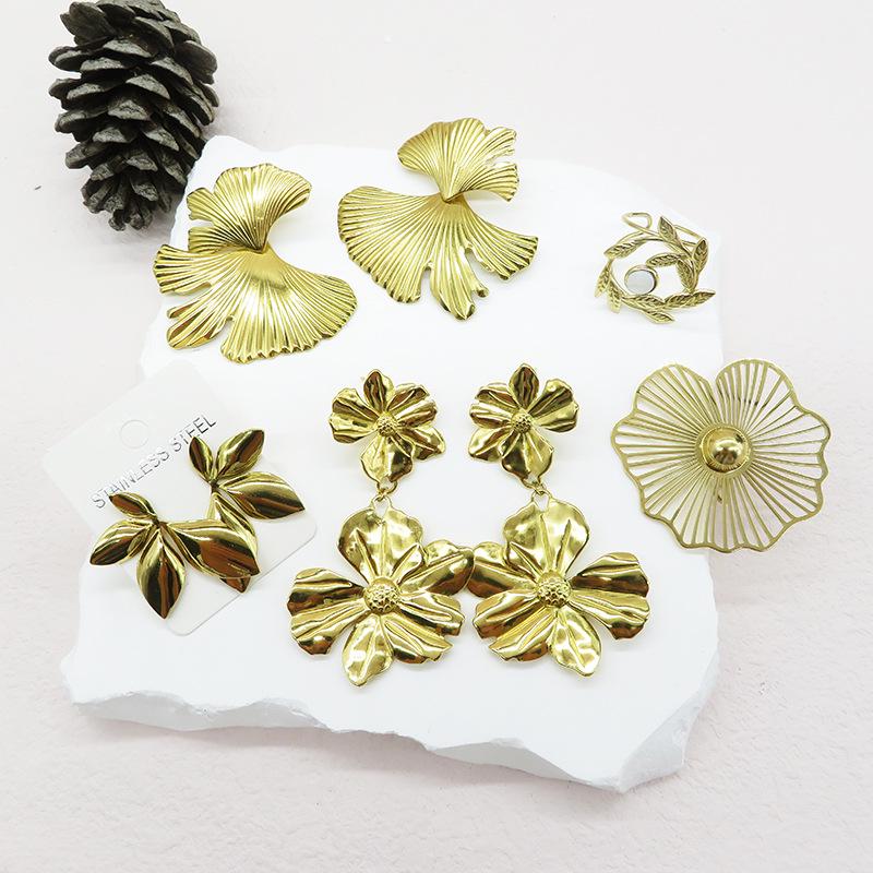 

18K Gold-Plated Stainless Steel Floral and Leaf Earrings - Bold European & American Style. 18K Gold