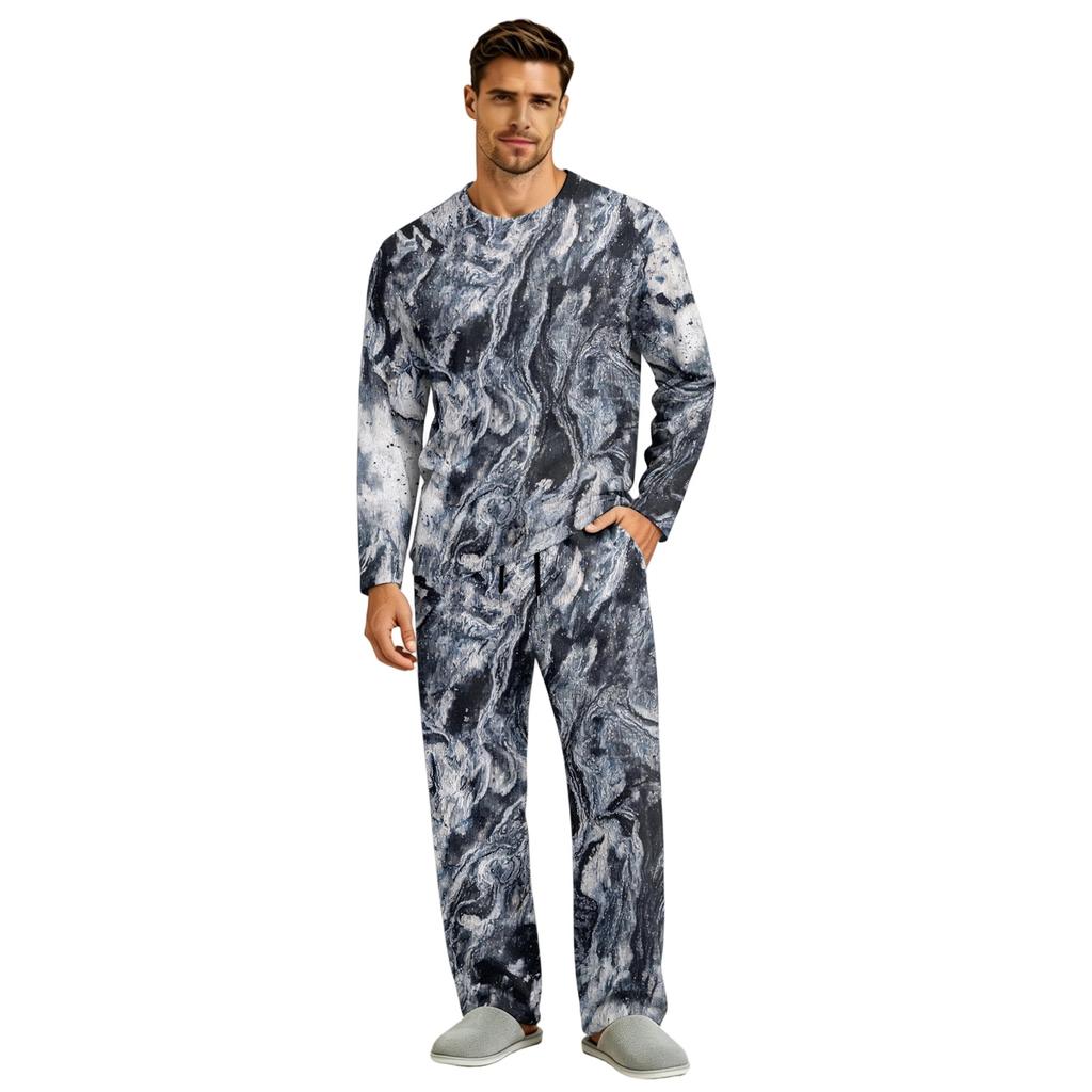 Men's Pajama Set Long Sleeve Top and Long Pants with Button Crotch and Elastic Drawstring Waist for Home Loungewear