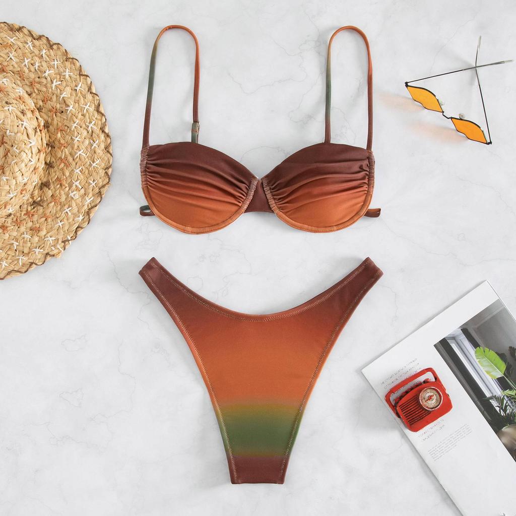 Halter Neck Backless Triangle Single Swimsuit Bikini Suits Women's Lace Up Gradient Split Swimwear