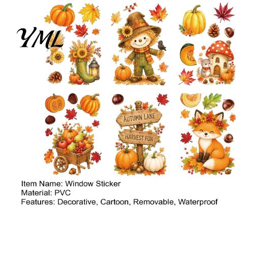 Creative Autumn Window Displays 6 Sheets Harvest Stickers, Thanksgiving Cartoon Static Cling Decorations with Festival Decor Pumpkins Maple