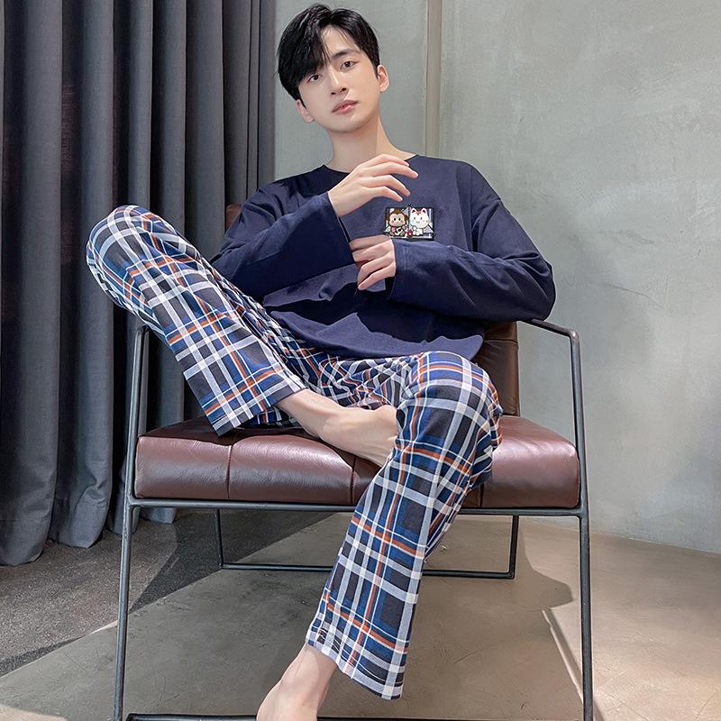Frühlings-Baumwollpyjamas Herren Lounge Schlafbekleidung Blau Kariert Pijama Herren Morgenmantel Hauskleidung PJ Pijama Hombre