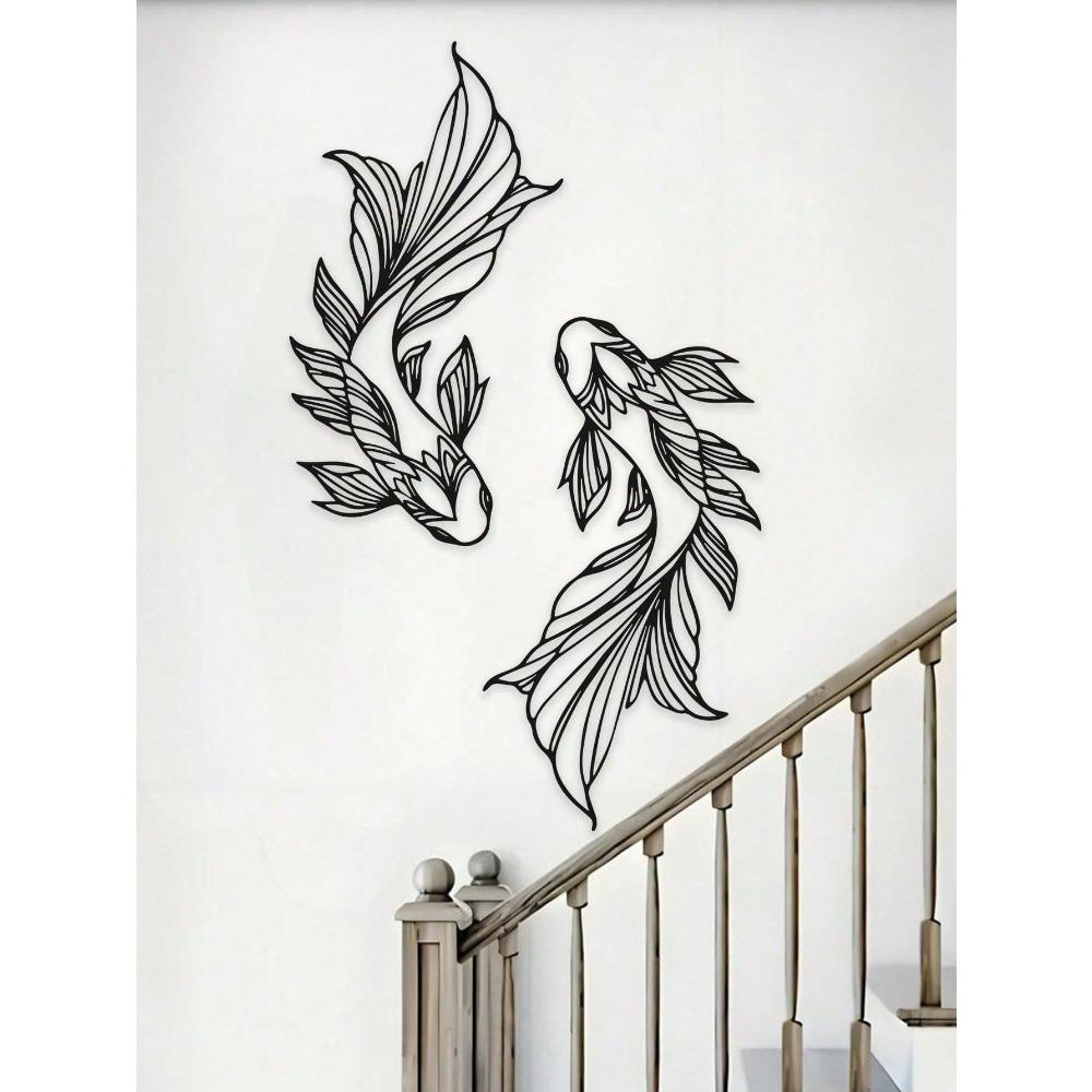 2pcs Minimalist Koi Fish Metal Wall Art, Home Decor Feng Shui, Modern Interior Design for Living Room