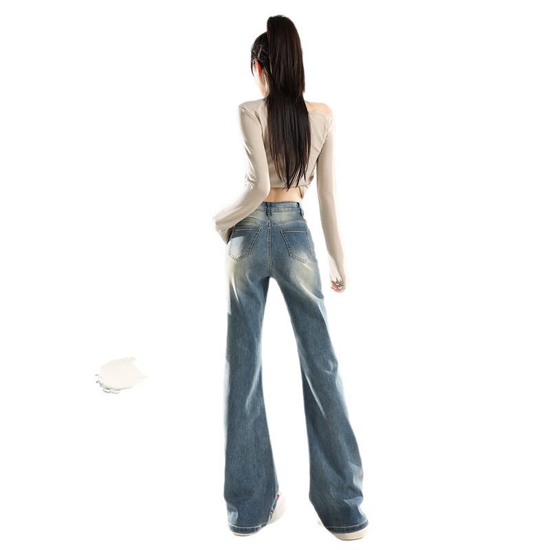 American Retro Mid-Waist Micro-Flare Jeans for Women - 2025 Autumn, Loose Fit, Crease Design