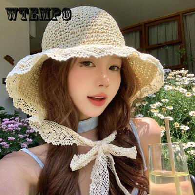 Elegant Lace-Trimmed Straw Sun Hat for Women - Lightweight, Breathable Beach Cap with UV Protection