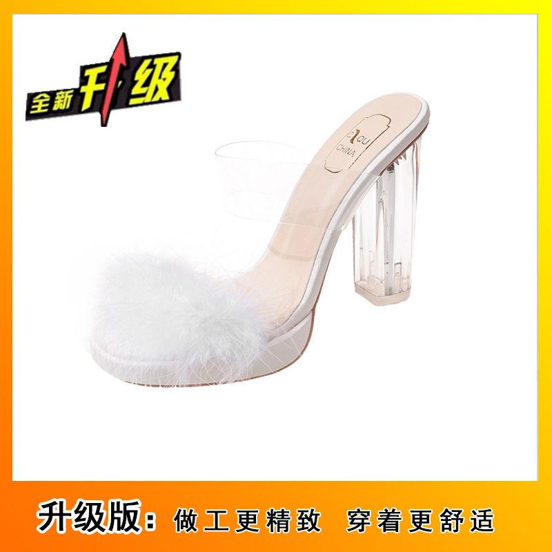 Transparent Crystal High Heels Fashion Temperament Fashion Platform Slippers 2025 Summer Thick Heel Open Toe Fluffy Shoes Sandals