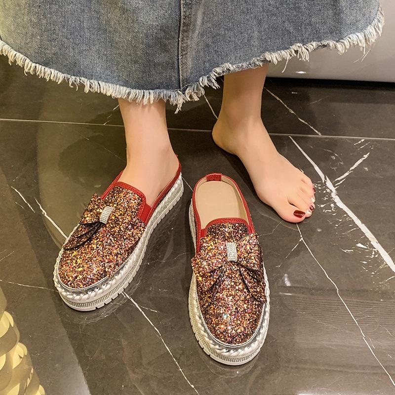 Fashion Glitter Slides Slippers Women Summer Low Sliders Shoes Butterfly-Knot Loafers Pantofle Cover Toe Platform Jelly 2025 Butterfly-k