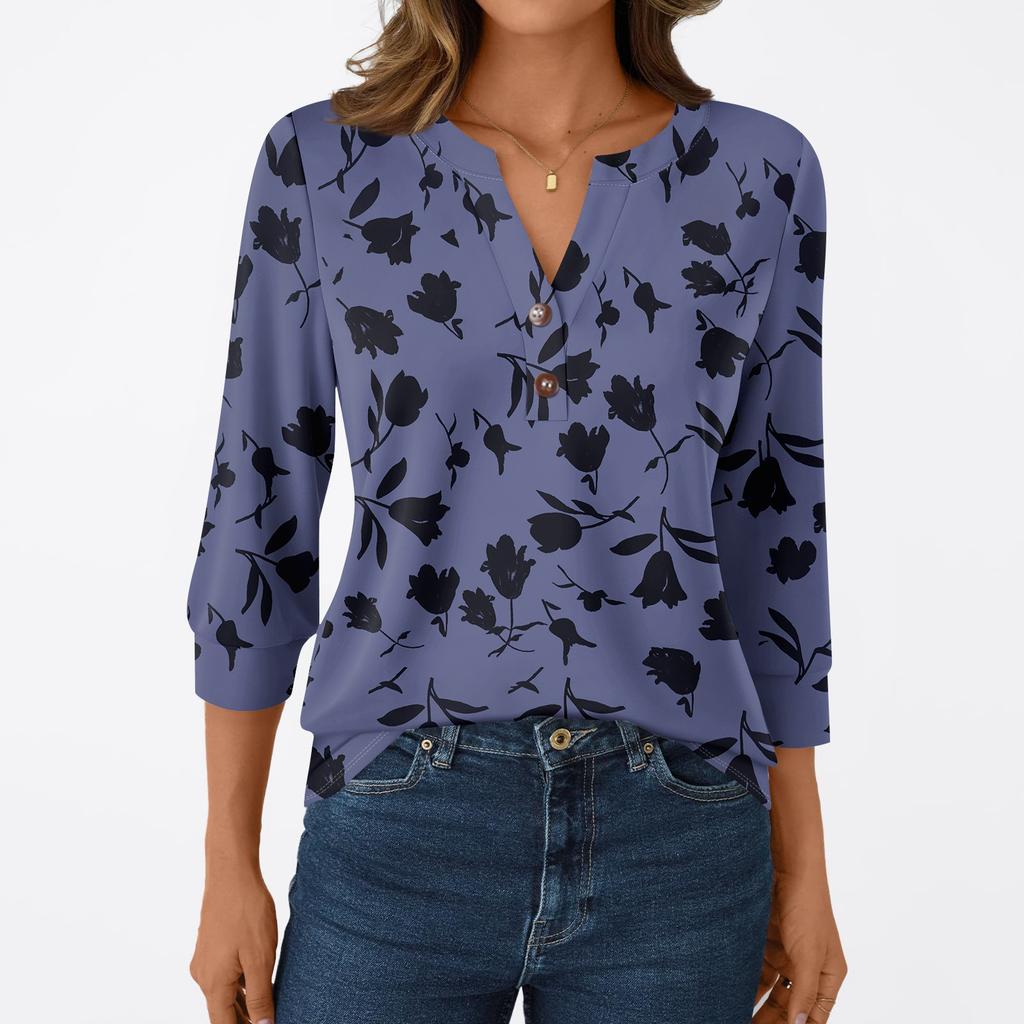 Damesmode Casual 3/4 Mouw T-shirt Prints V-hals Knoop Top