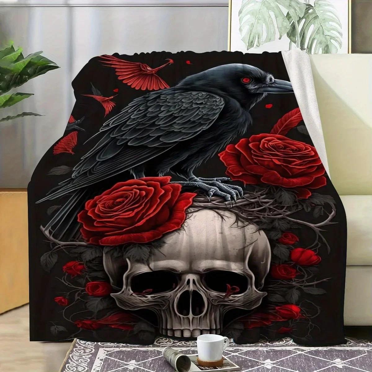 HighQuality Flannel Throw Blanket with Crow Rose and Skull Design Perfect for Home Coziness Family Gifts and Contemporary or Ha 75X95CM