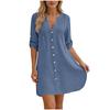Women’s V Neck Button Down Tunic Shirt Dress with 3/4 Roll Tab Sleeves and Pintuck Front Casual Loose Fit