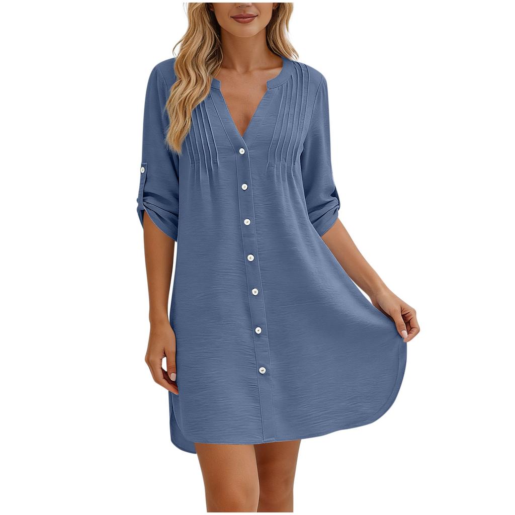 Women’s V Neck Button Down Tunic Shirt Dress with 3/4 Roll Tab Sleeves and Pintuck Front Casual Loose Fit