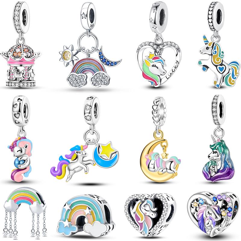 Sweet Romance 925 Silver Rainbow Unicorn Charms Beads Fit 3mm Bracelets DIY Jewelry Making Shining Dreamy