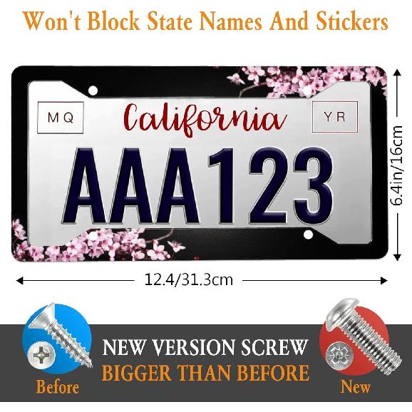 Cherry Blossom License Plate Frame Pink License Plate Cover Funny Auto Accessory Bracket Aluminum Metal Black License Plate Frames For Women Men (Set