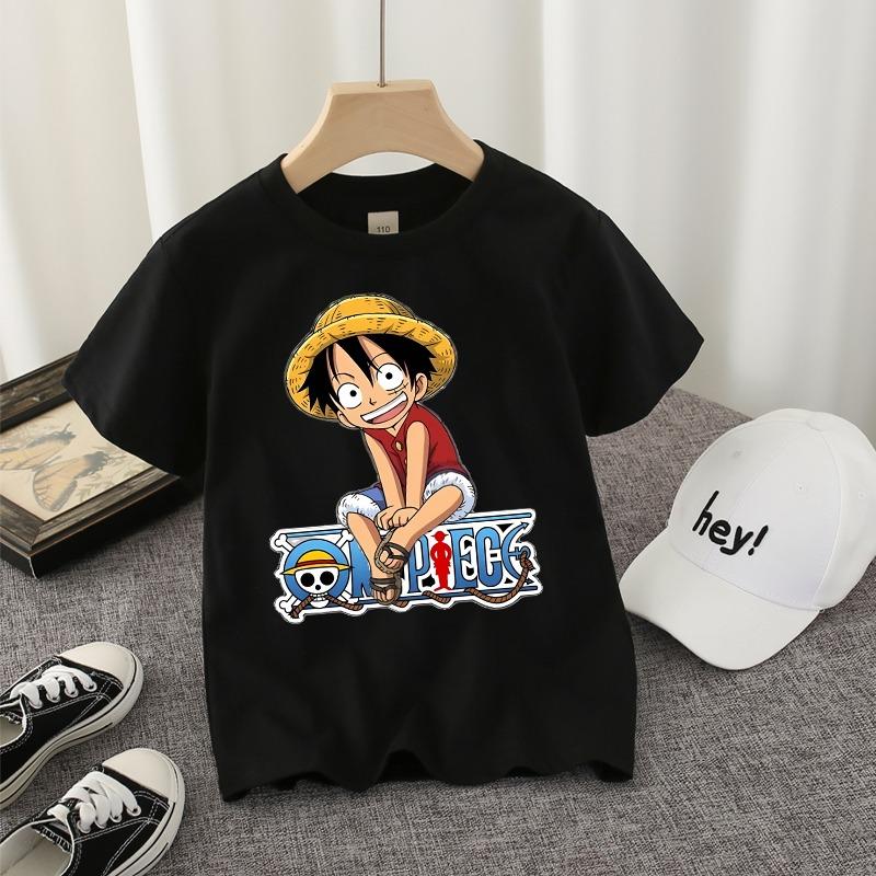 Ones Piece Black T-shirt Cute Game Role Infant Tees O-neck Tops Kids Boy ShortSleeve Anime Streetwear Shirt Child Cotton Clothes