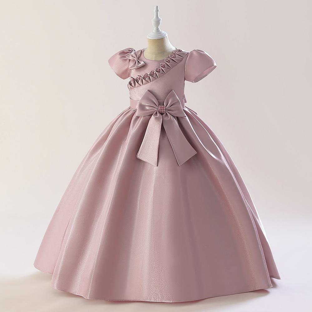 Satin Bow Party Girls Dress Elegant Short Sleeve Pink Bridemaids Princess Kids Dress for Girl Evening Birthday Prom Gown Vestido