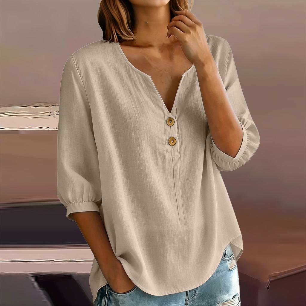 Women's Casual Linen Blend Henley Button Neck Shirt Three Quarter Sleeve Lightweight Loose Fit Top for Everyday Wear