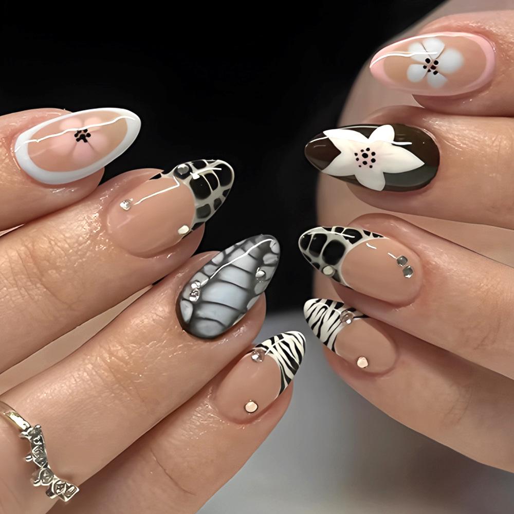 Almond French Rhinestone Flower Textured Nail Art Set - 24 Detachable Tips for Spring/Summer.