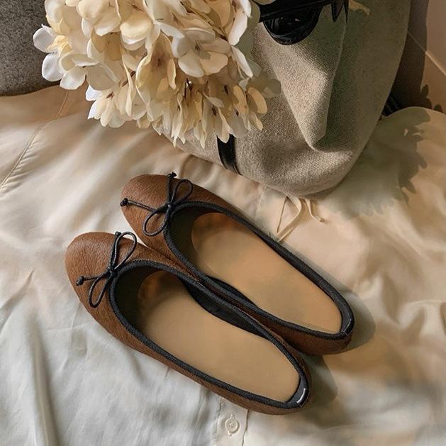 Grape Family Cowhide Pony Hair Leopard Print Bow Flats - Women’s Versatile Round Toe Casual Shoes