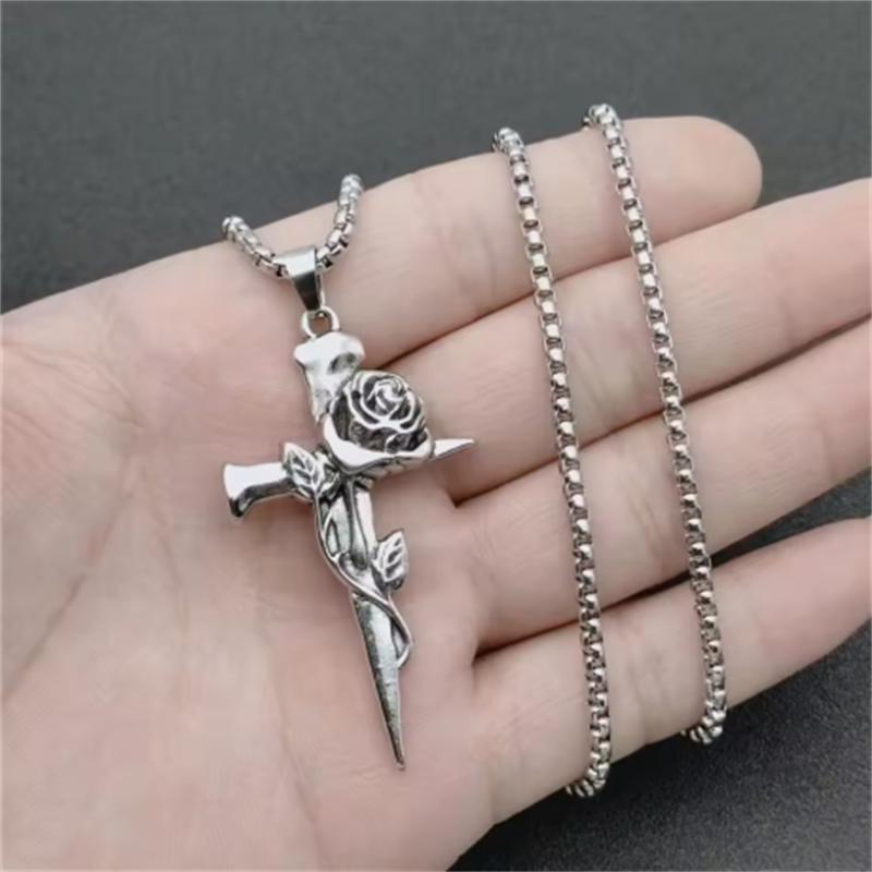 

Vintage Punk Flower Rose Cross Necklace Rose Sword Pendant Stainless Steel Chain Women Men Hip Hop Party Jewelry Charm Gift 60 cm