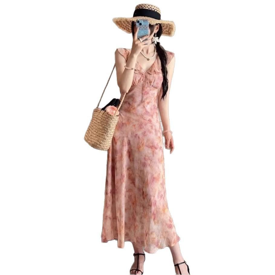 French retro V-neck pink ruffle edge floral suspender dress women's summer new waist and thin skirt