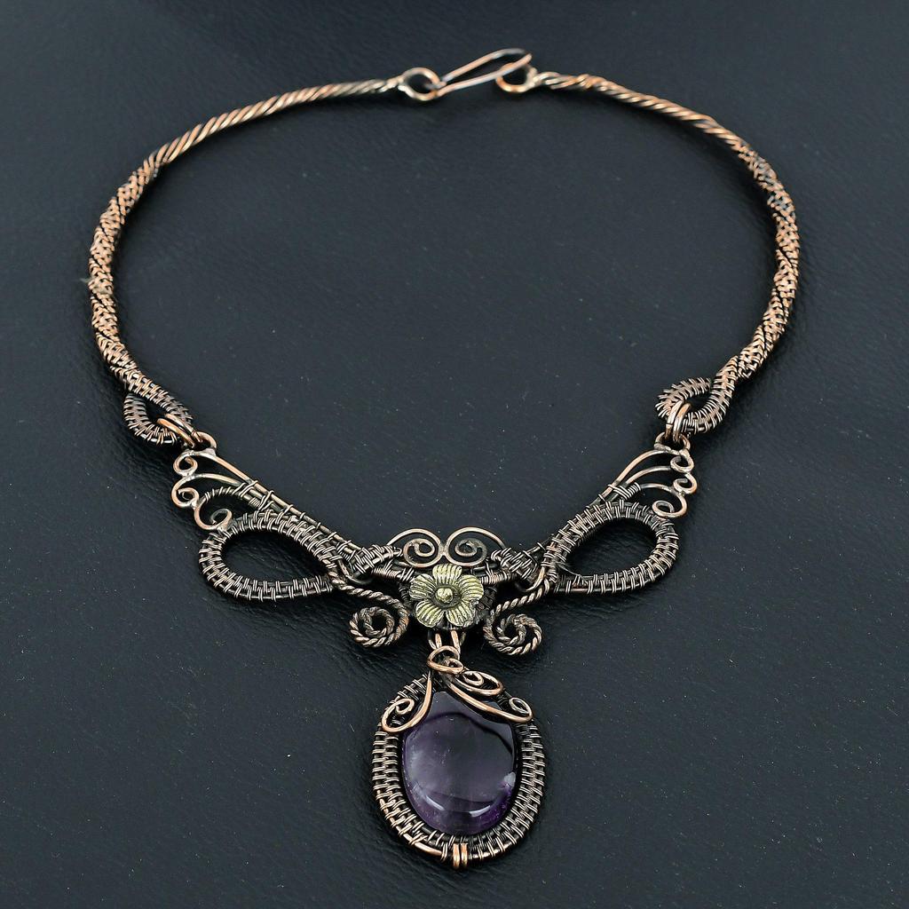 Amethyst Handmade Gemstone Necklace, 999 Copper Wire Wrapped Antique Jewelry Adjustable Chain Necklace, For Engagement Gift