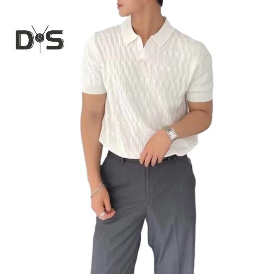 

Летний мужской трикотажный топ с V-образным вырезом и лацканами, короткий рукав, однотонный, свободный крой, уникальная текстура, дышащий пуловер, футболка L белый