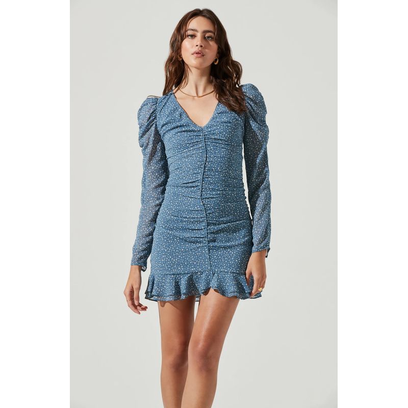 

Export USA AST * Official Blue Floral V Neck Ruched Ruffles Puff Sleeves Retro Waist-Controlled Mini Dress Women Str Blue Floral Dress Micro-blemish S