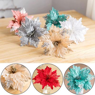 Festive Poinsettia Glitter Artificial Flowers Christmas Tree Decoration