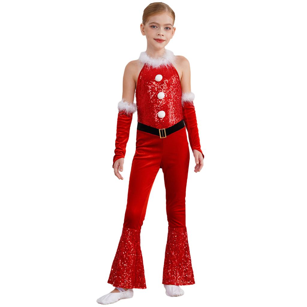 Girl Christmas Costume One Piece Sleeveless Velvet Bodysuit Plush Sequins Flared Jumpsuit Arm Sleeve Set