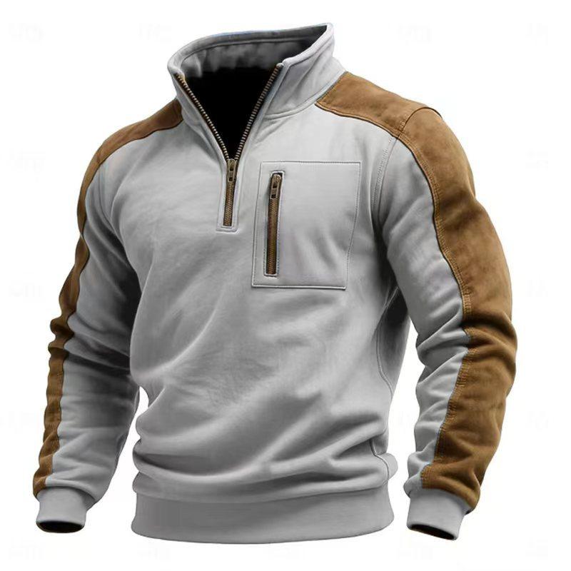Men's Stand-up Collar Pullover Zipper Sweatshirt with Color-blocking and Fashionable, Casual and Warm Men's Sweatshirt